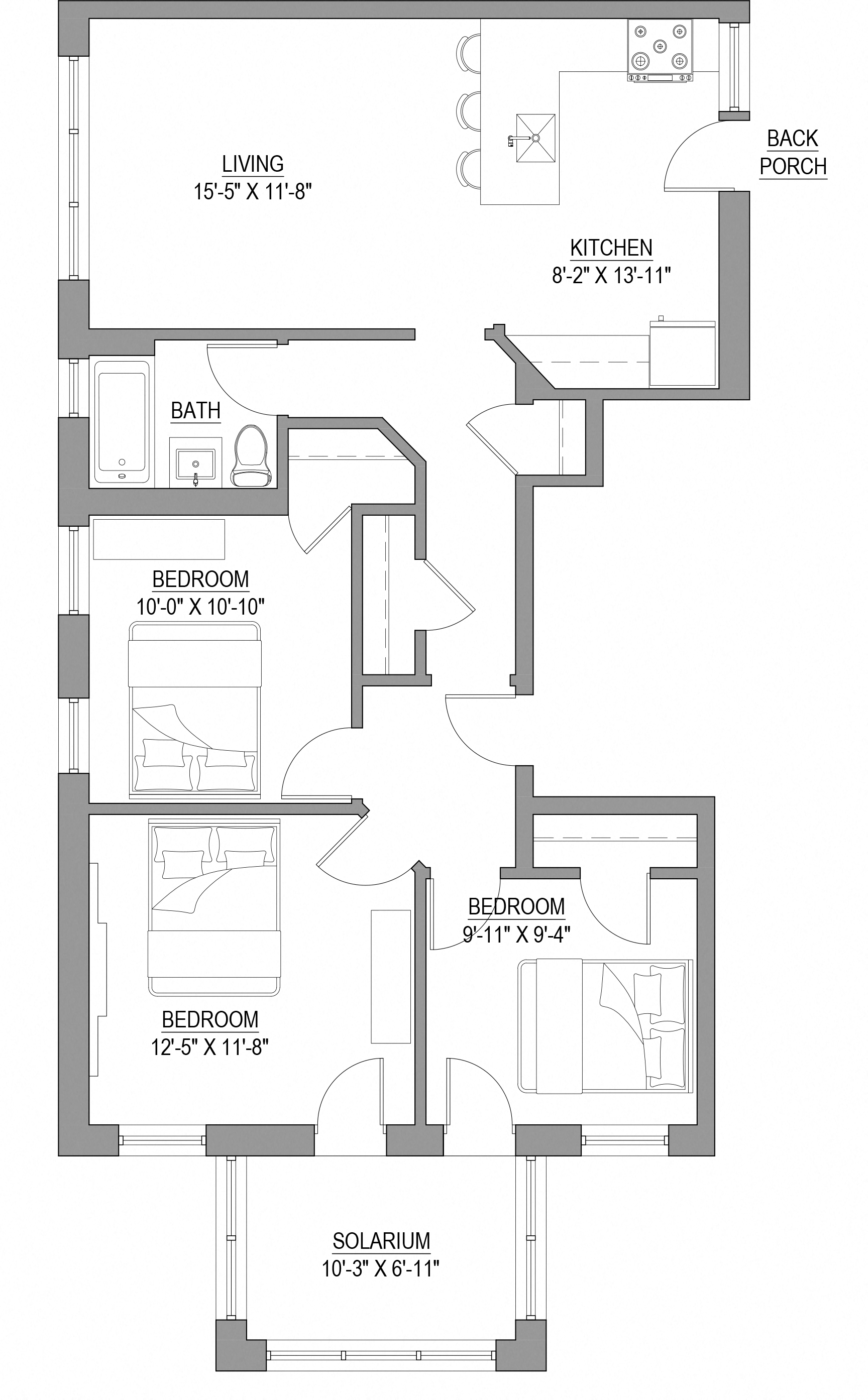 Floor plan for 3 beds, 1 bath